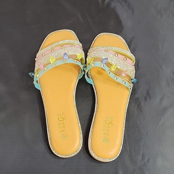 BRAND NEW ROUGE  STUDDED RHINESTONES EMBELLISHMENTS SLIDE SANDAL - Picture 8 of 14